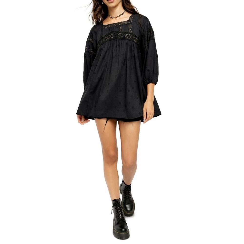 Free People Black Boho Eyelet Babydoll Azalea Lace Tunic in Black size XS